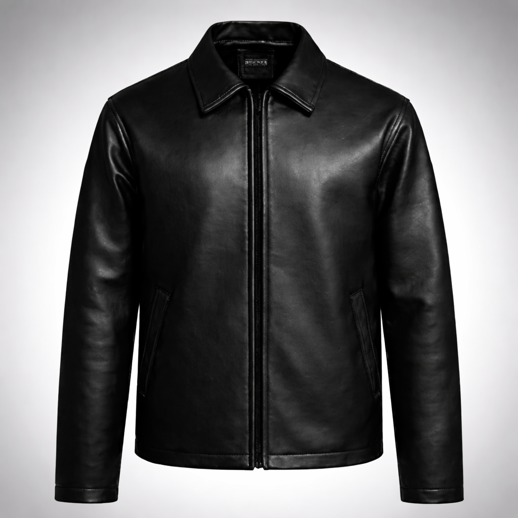 Black Plain Collar Leather Jacket